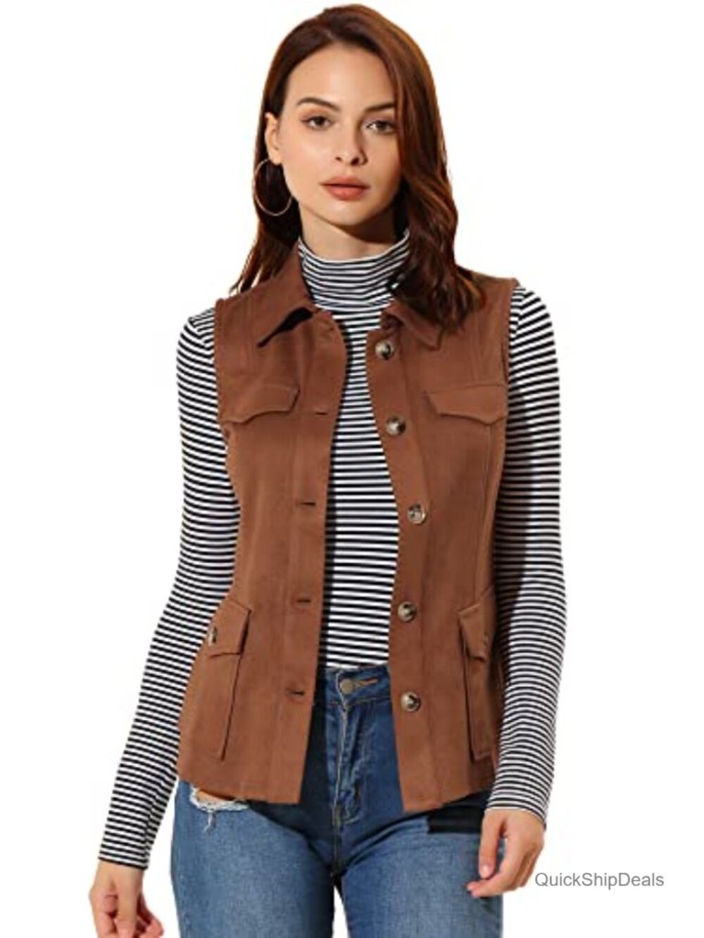 Faux Suede Vest Button Down Pocket Sleeveless Fall Jacket